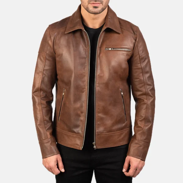 Brown Leather Biker Jacket - Collar